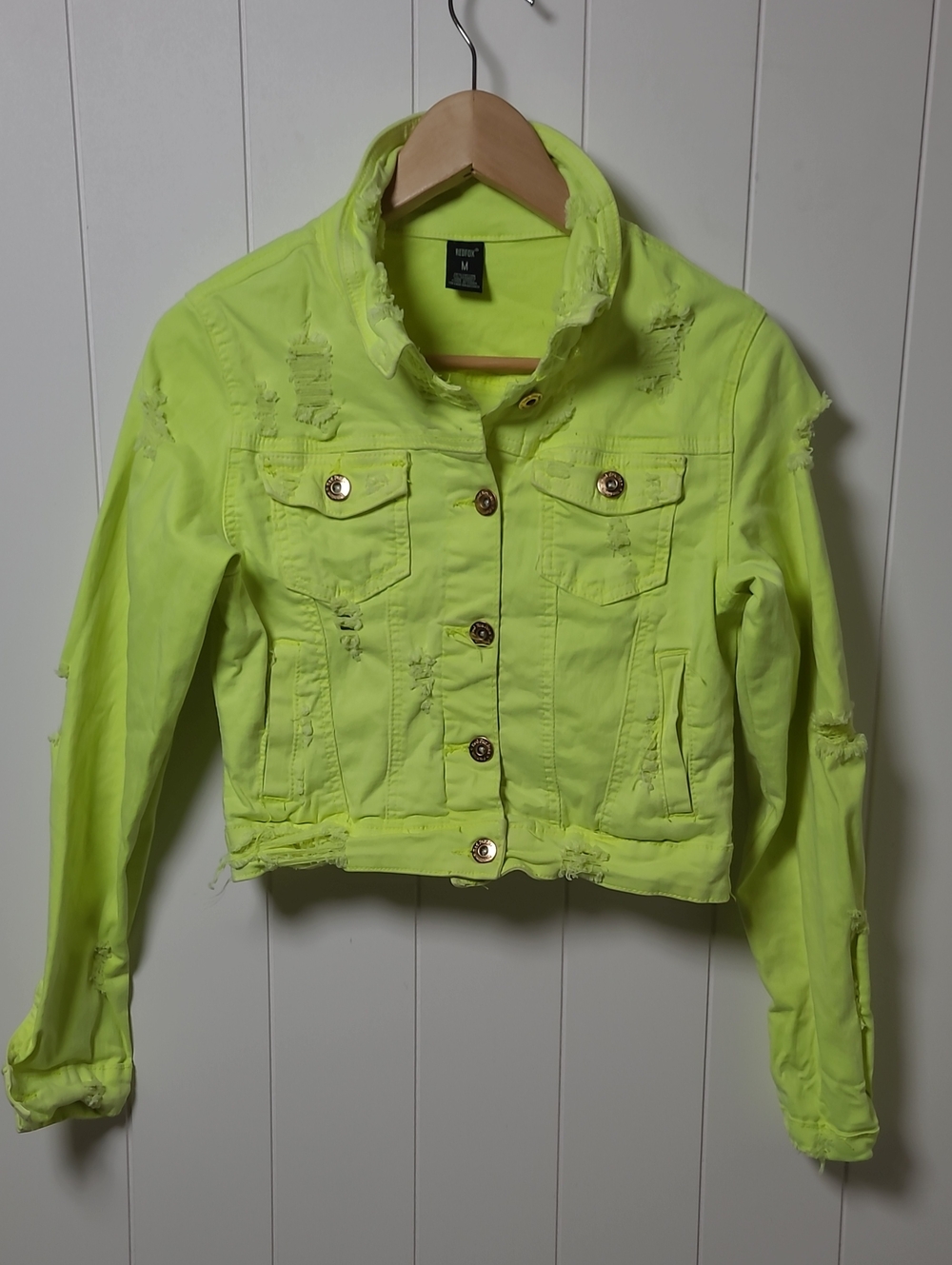 Redfox Distressed Denim Jacket Womens Medium Bright Yellow Retro Grunge